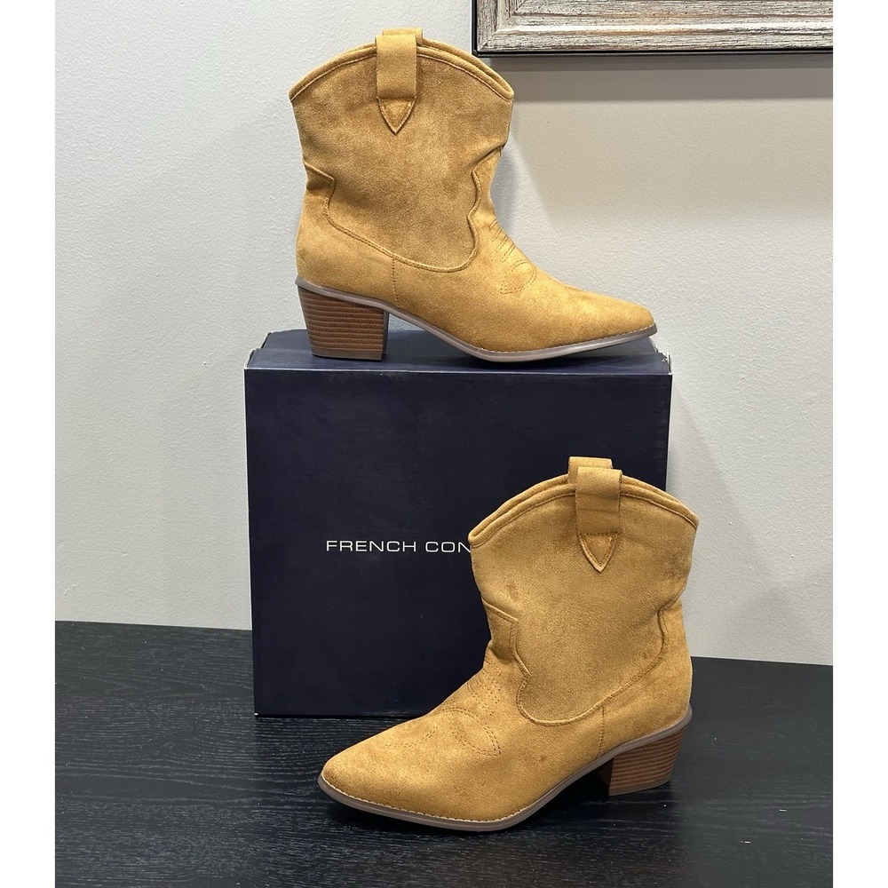 FRENCH CONNECTION COGNAC VEGAN LEATHER SUEDE WOMEN'S COWBOY STYLE BOOTS SZ 9 NIB